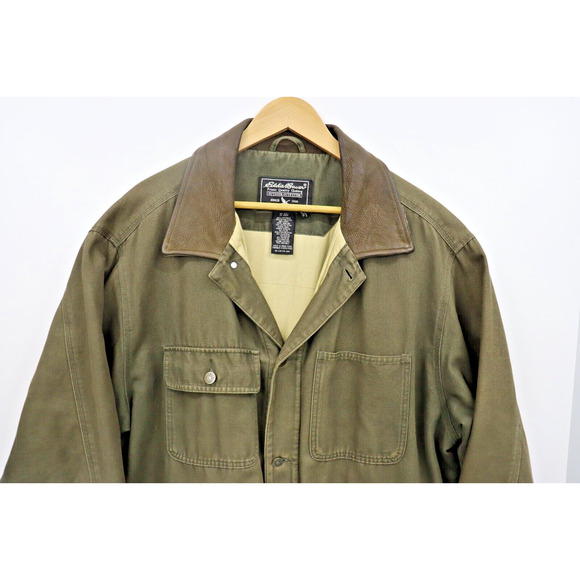 Eddie Bauer Barn Chore Rustic 90's Zip Jacket Leather Collar Olive Men L Tall - Picture 2 of 16